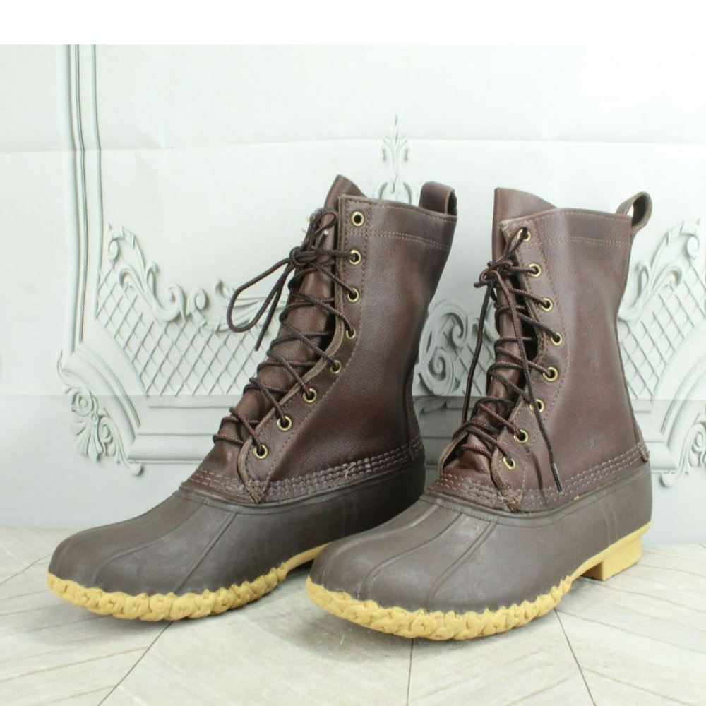 LL Bean Brown Leather Lace Up Unlined Mid Calf Hunting Duck Boots Size 10 N - Picture 2 of 9